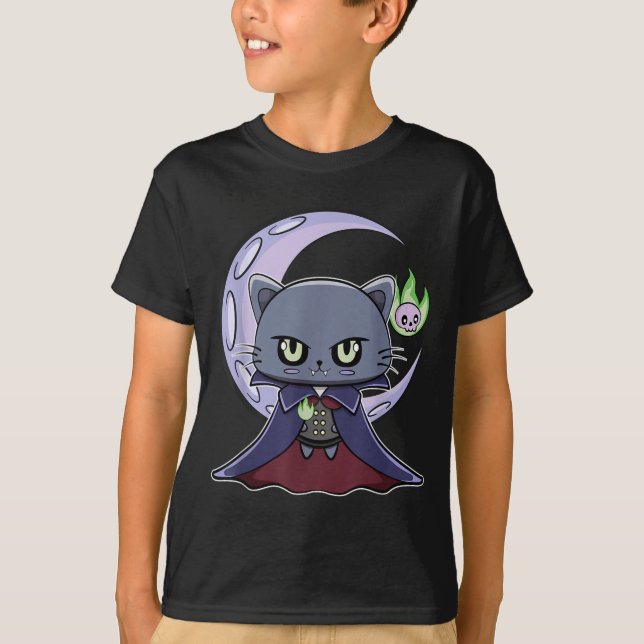 T-shirt Chat noir vampire Dracula et feu magique pour (Devant)