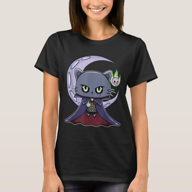T-shirt Chat noir vampire Dracula et feu magique pour (Devant)