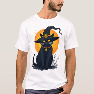 T-shirt Chat noir vintage effrayant avec chapeau de sorciè