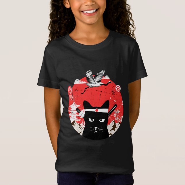 T-Shirt Chat noir vintage japonais Samurai (Devant)