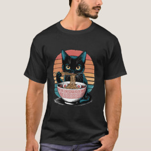 T-shirt Chat Nouilles Ramen Chat Noir Rétro Coucher de Sol