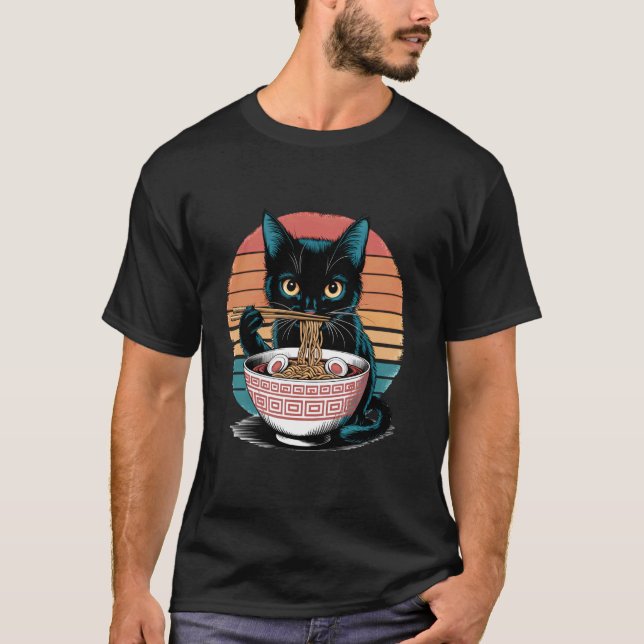 T-shirt Chat Nouilles Ramen Chat Noir Rétro Coucher de Sol (Devant)