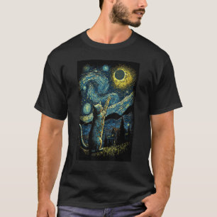 T-shirt Chat Nuit Étoilée Van Gogh Style pour Amoureux de 