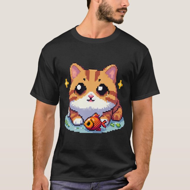 T-shirt Chat orange avec pixelart de poisson (Devant)