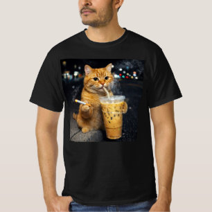 T-shirt chat orange buvant du café glacé en fumant des cig