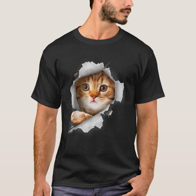 T-shirt Chat orange chat chat déchiré tissu chaton  (Devant)