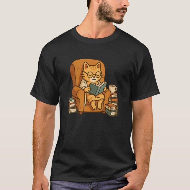 T-shirt Chat orange drôle lisant un livre (Devant)