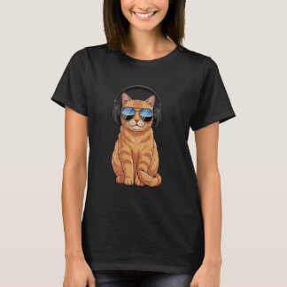 T-shirt Chat Orange Drôle Portant Des Écouteurs Musique