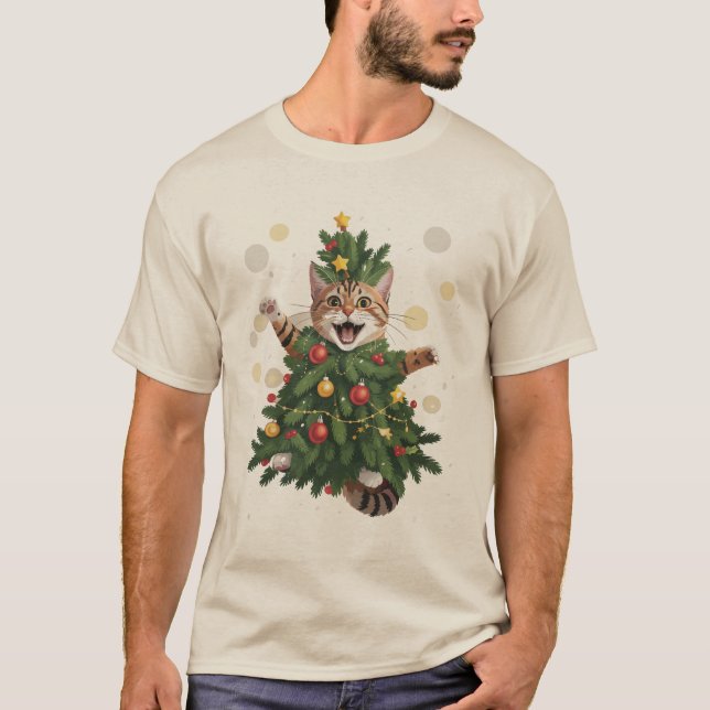 T-shirt Chat orange gingembre arbre de Noël mignon Noël  (Devant)