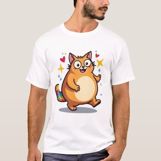T-shirt Chat orange mignon et dodu Queue arc-en-ciel scint (Devant)