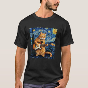 T-shirt Chat orange musicien jouant de la guitare électriq