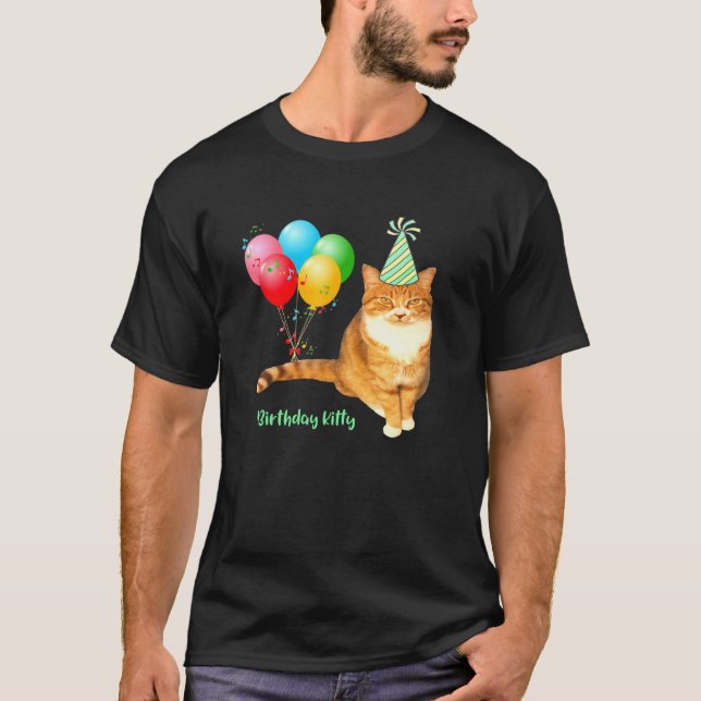 T-shirt Chat orange tabby Kitty anniversaire avec ballons  (Devant)