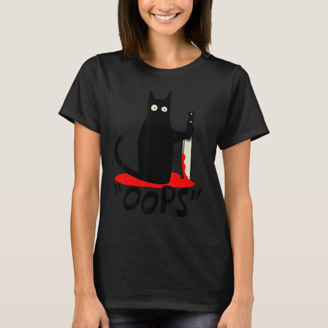 T-shirt Chat Oups  Chat Noir Chat Meurtrier Avec Couteau B (Devant)