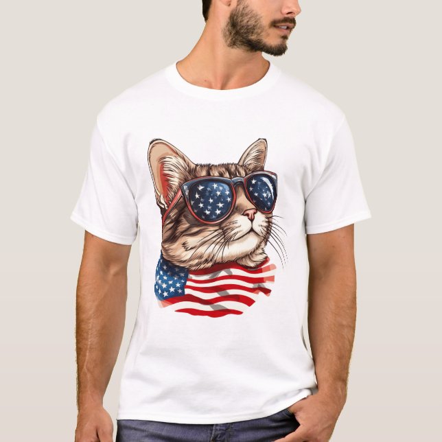 T-shirt Chat patriotique avec lunettes de soleil American  (Devant)