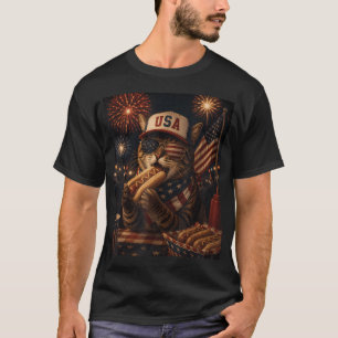 T-shirt Chat patriotique du 4 juillet mangeant un hotdog 2