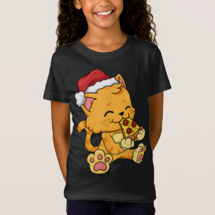 T-Shirt Chat Père Noël Chapeau Manger Pizza Drôle Noël X
