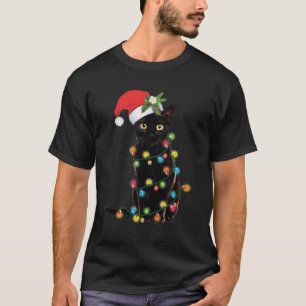 T-shirt Chat Père Noël Noir Tangé Dans Les Lumières No