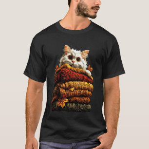 T-shirt Chat Persan Coloré Reposant avec Feuilles d'Automn