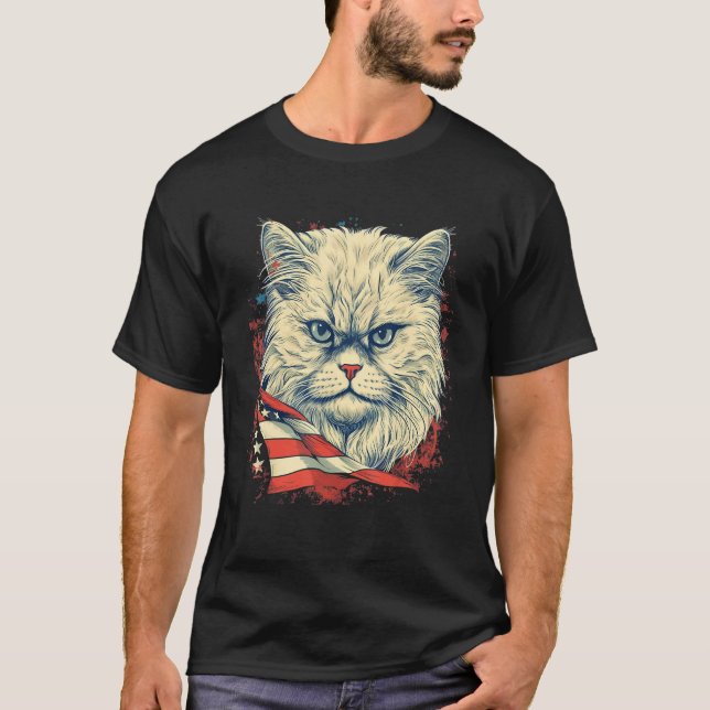 T-shirt Chat Persan Drapeau Américain 4 Juillet (Devant)