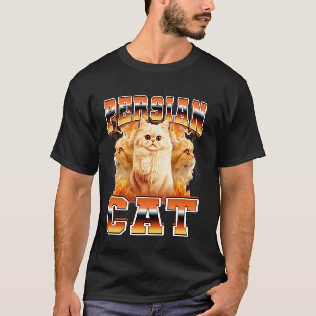 T-shirt Chat Persan Flammes Style Bootleg 90s (Devant)