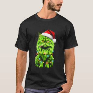 T-shirt Chat Persan Vert Drôle Lumières de Noël Chapeau de