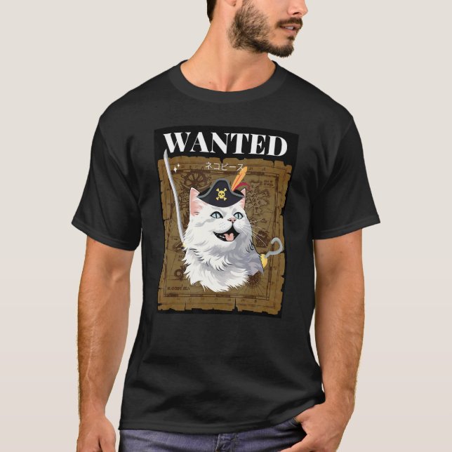 T-shirt Chat Pirate Drôle Recherché Neko (Devant)
