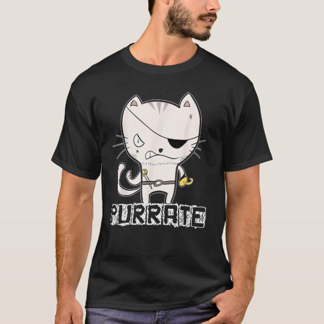 T-shirt Chat Pirate Purrate Avec Épée Kitty Cache-Œil (Devant)