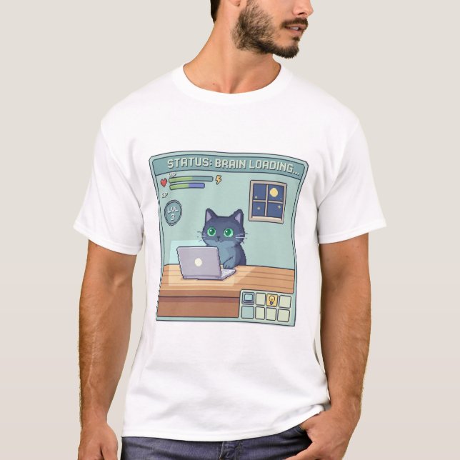 T-shirt Chat Pixel Brain Chargement – Drôle de Chat Rétro  (Devant)