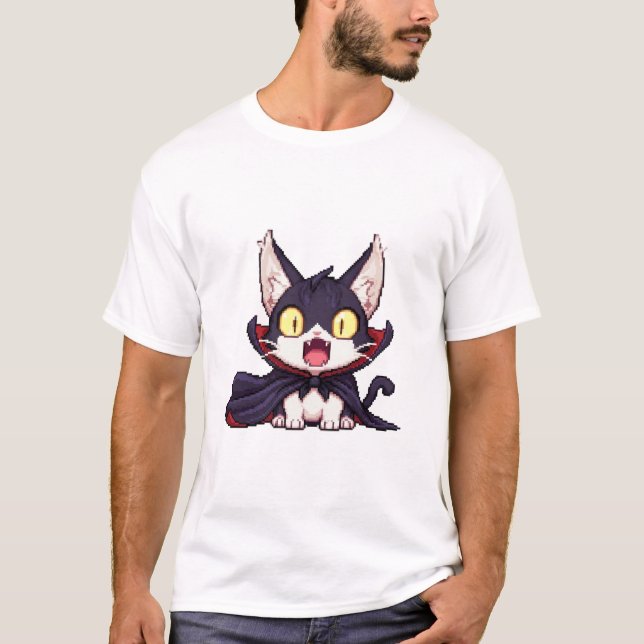 T-shirt Chat Pixel Dracula – Vampire Mignon Choc en 8 Bits (Devant)