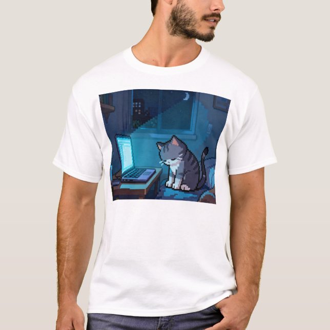 T-shirt Chat Pixel fatigué sur Ordinateur portable la Nuit (Devant)