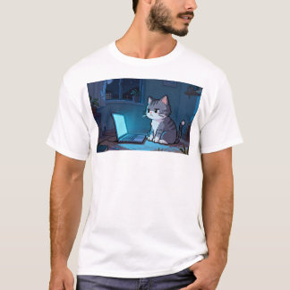 T-shirt Chat Pixel Solitaire avec Ordinateur Portable – Ré