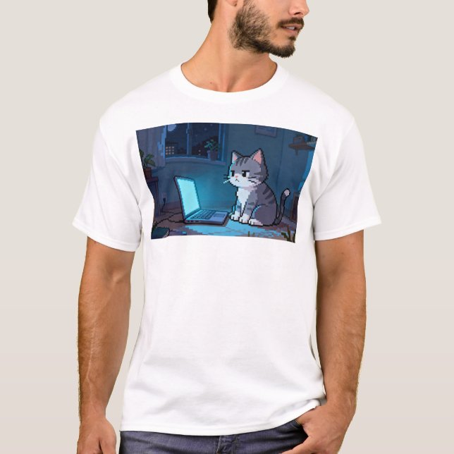 T-shirt Chat Pixel Solitaire avec Ordinateur Portable – Ré (Devant)