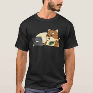 T-shirt chat poisson buvant du café regardant un leptop