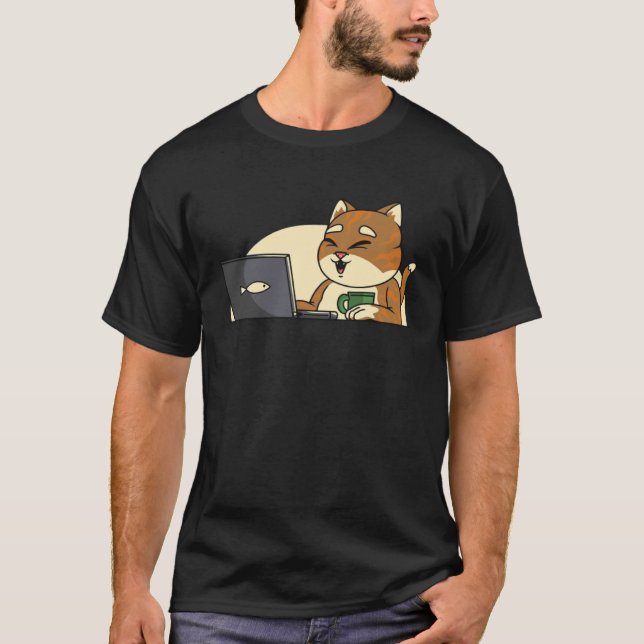 T-shirt chat poisson buvant du café regardant un leptop (Devant)