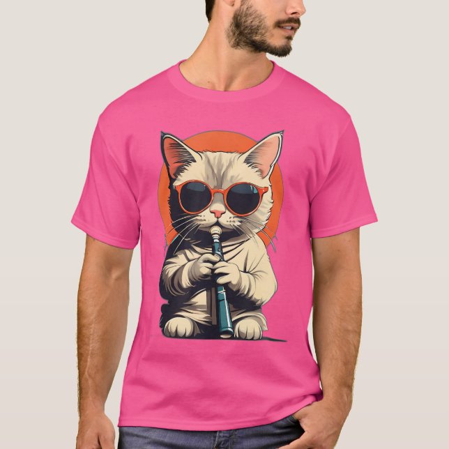 T-shirt Chat Portant Des Lunettes De Soleil Jouer Flute Am (Devant)