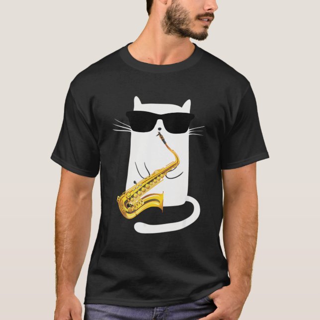 T-shirt Chat Portant des lunettes de soleil Jouer Saxophon (Devant)