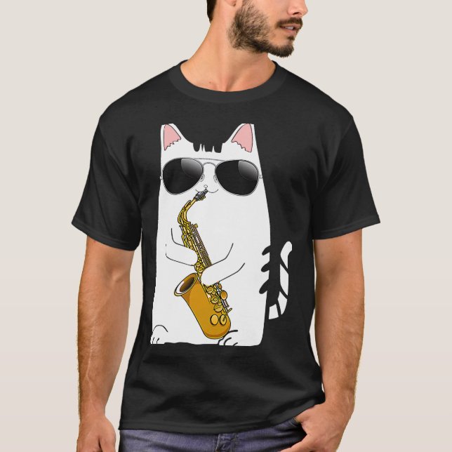 T-shirt Chat Portant des lunettes de soleil Jouer Saxophon (Devant)