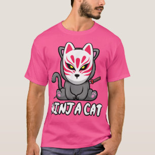 T-shirt Chat portant Kitsune Masque Kawaii Anime Ninja Cha