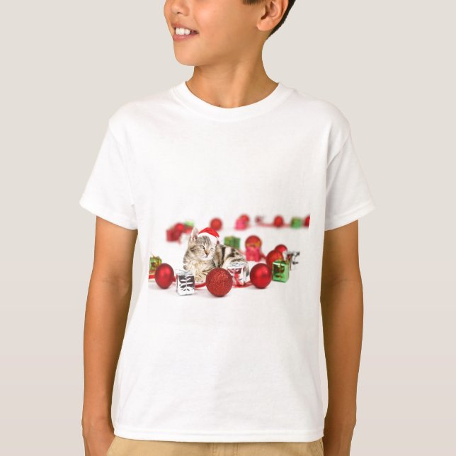 T-shirt Chat portant le chapeau rouge du Père Noël (Devant)