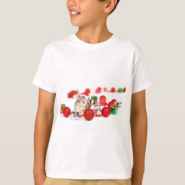 T-shirt Chat portant le chapeau rouge du Père Noël (Devant)