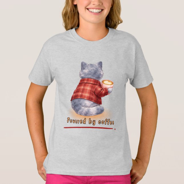 T-shirt Chat "Propulsé par le Café" Tenant Une Tasse de Ca (Devant)