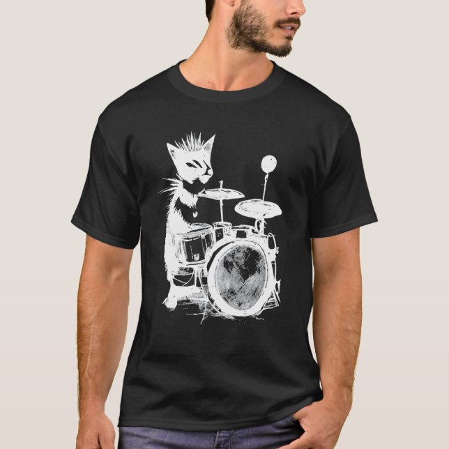 T-shirt Chat Punk Jouant de la Batterie 2 (Devant)