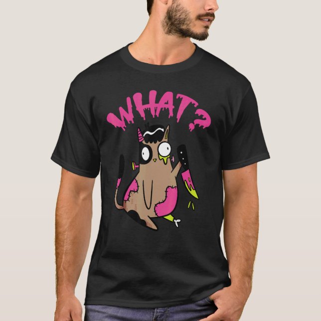 T-shirt Chat Quel Chat Noir Zombie Avec Couteau Halloween  (Devant)