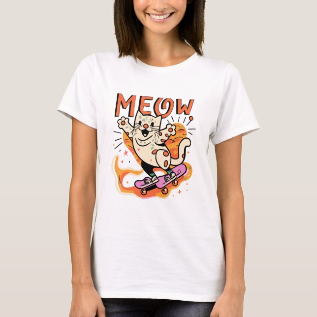 T-shirt Chat qui fait du skate Meow (Devant)