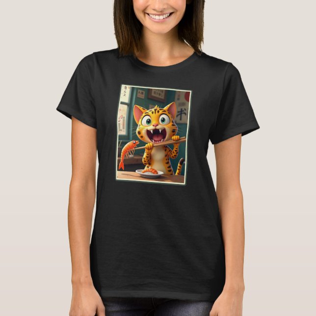 T-shirt Chat qui mange des sushis (Devant)