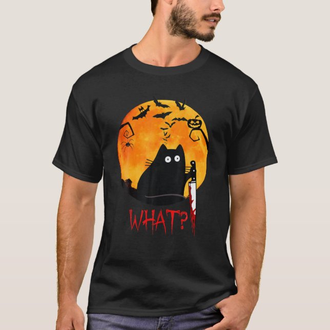 T-shirt CHAT QUOI ? Chat noir meurtrier avec couteau Hallo (Devant)