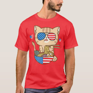 T-shirt Chat Ramen American Anime Drapeau 4 juillet Funny 