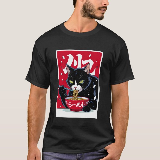 T-shirt Chat Ramen drôle mangeant des nouilles (Devant)