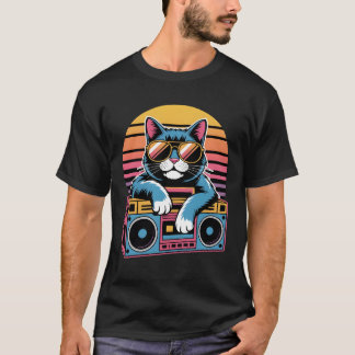 T-shirt Chat rétro 80s avec lunettes de soleil - Synthwave