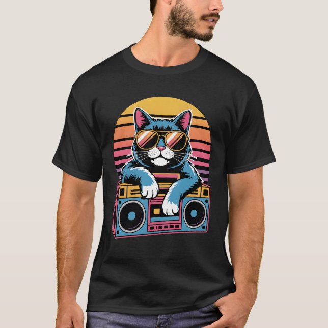 T-shirt Chat rétro 80s avec lunettes de soleil - Synthwave (Devant)